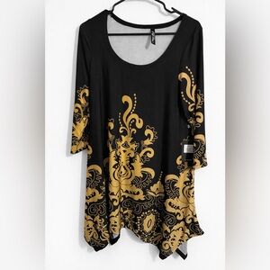 NWT White Mark Tunic Top Large Black Tan Boho Flowy 3/4 Sleeve